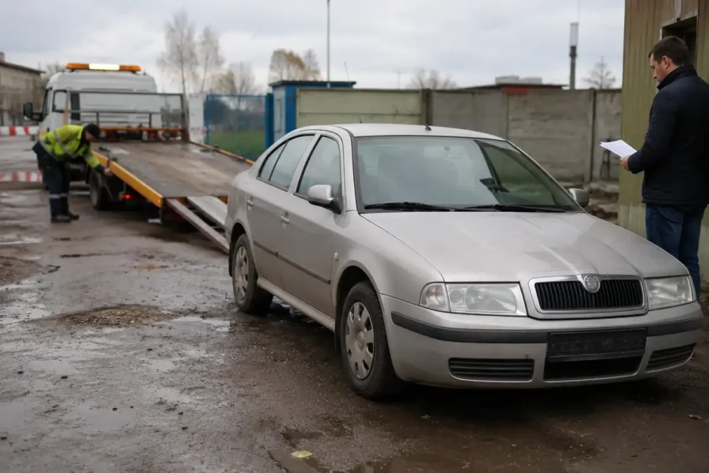 Staršie auto pri odťahovke v areáli spracovania vozidiel ako symbol nezaplateného PZP, pokút a vyradenia vozidla z evidencie