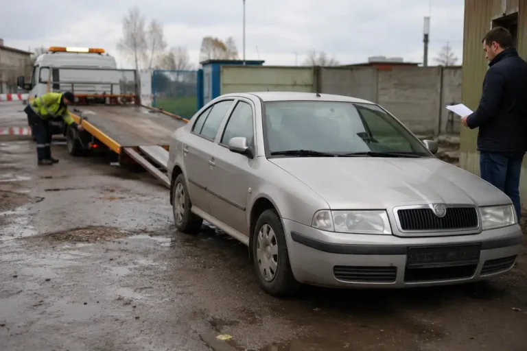 Staršie auto pri odťahovke v areáli spracovania vozidiel ako symbol nezaplateného PZP, pokút a vyradenia vozidla z evidencie